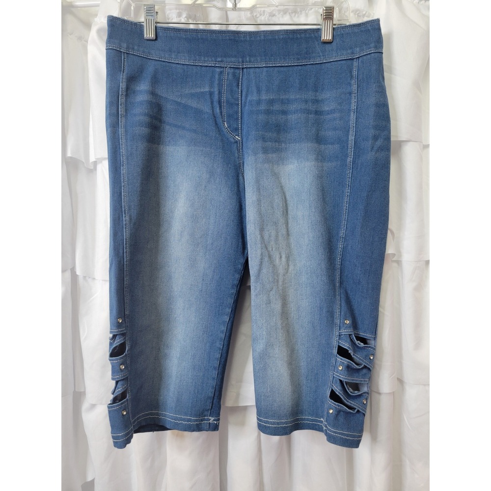 Nygard Luxe Denim Slims Capri Pants Medium Wash Rhineston Cutout Large 14-16 521